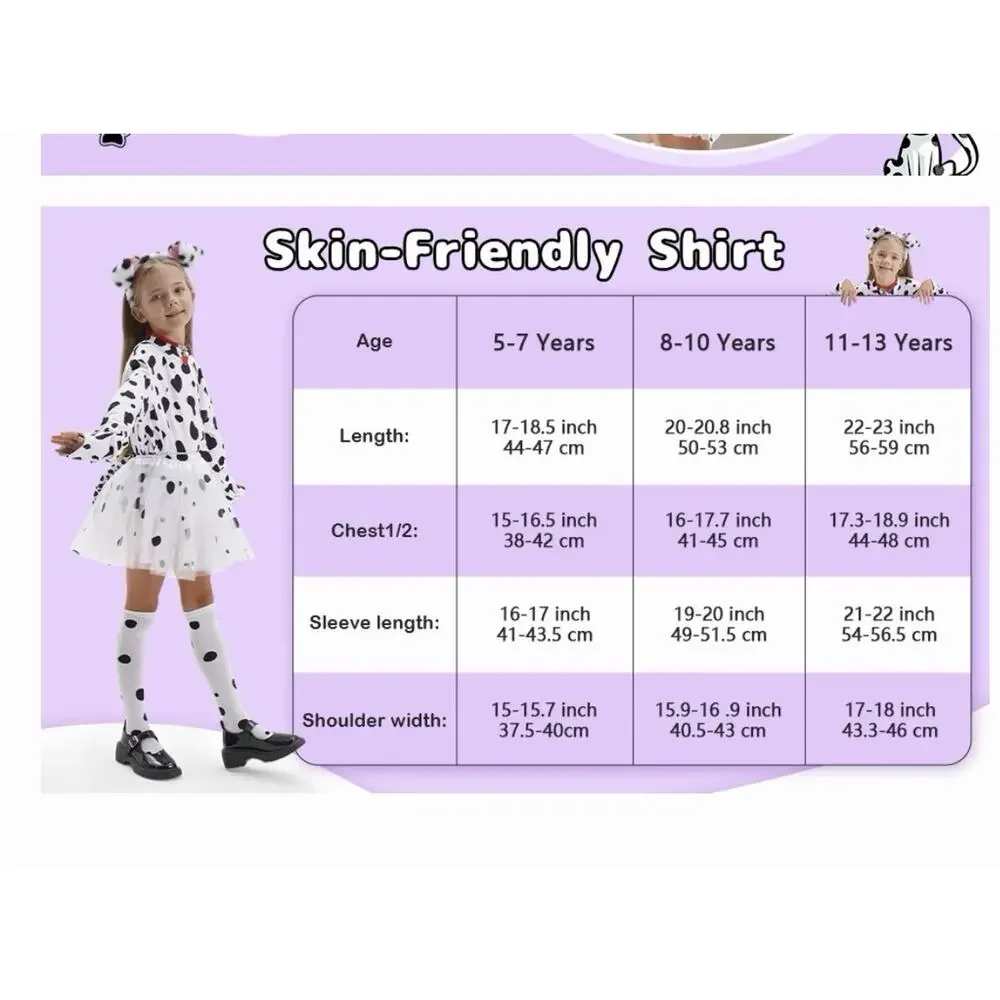 101 Dalmatian Costume For Kids Girls Shirt Outfit Ears Headband Socks S (5-7 Yrs